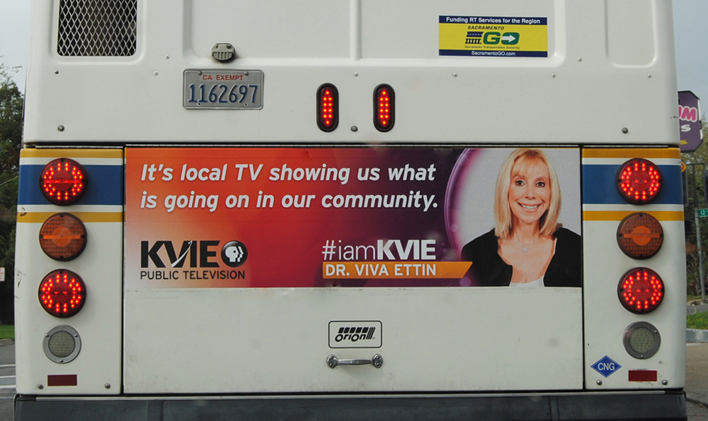 KVIE board member Dr. Viva Ettin shares what she loves about KVIE in a bus banner