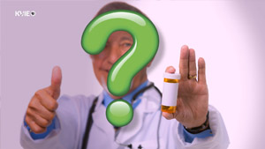 A green question mark in front of a doctor giving a thumbs up and holding a prescription bottle with marijuana in it