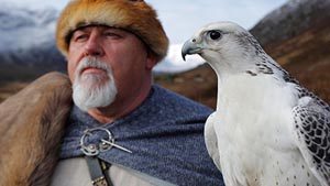 A viking reenactor with a Hawk.