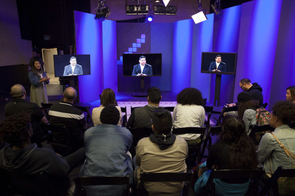 Luther Burbank High School students listen to KVIE staff member during a taping of Studio Sacramento