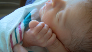 A tiny preterm baby wrapped in a blanket holds an adult's finger in its hand