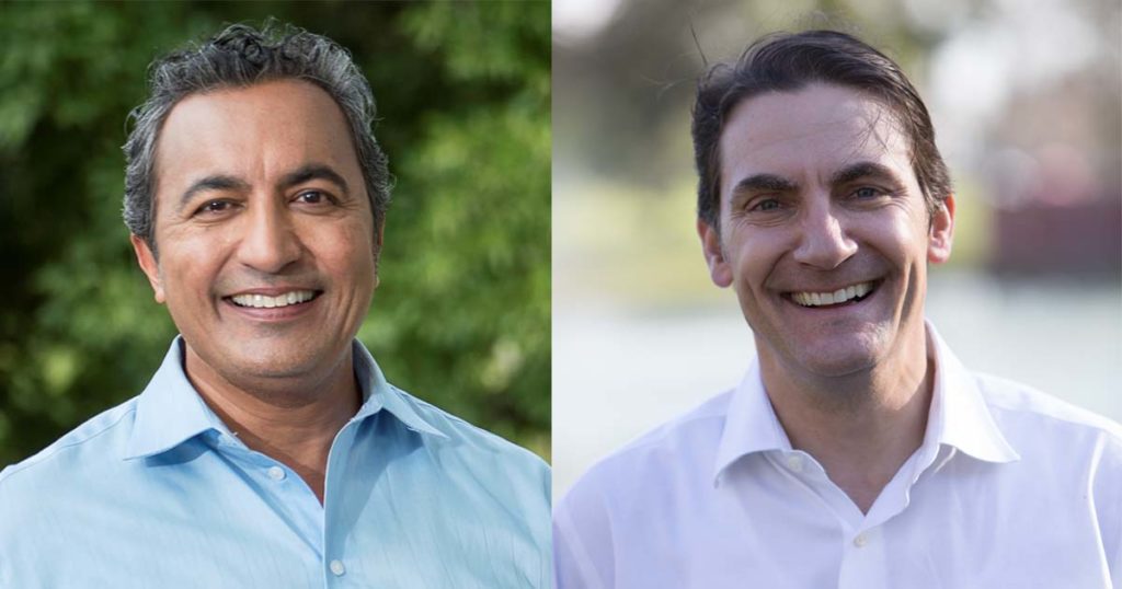 Two headshots: On the left, Ami Bera; on the right, Andrew Grant