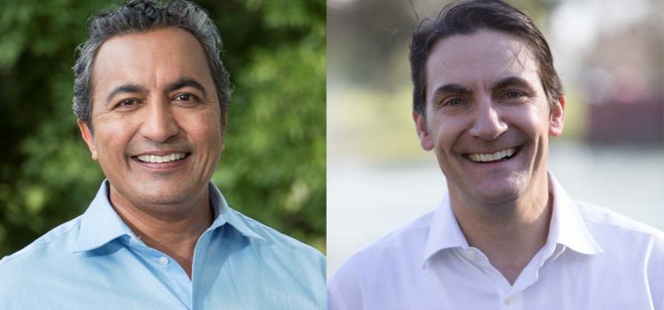 Two headshots: On the left, Ami Bera; on the right, Andrew Grant