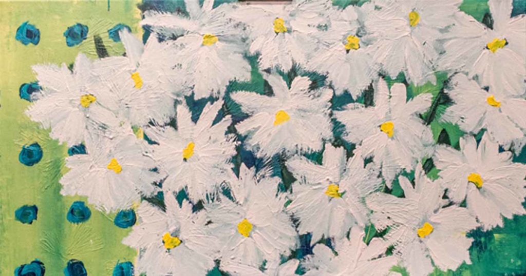 A painting of a bunch of white flowers with yellow centers on a green background with blue polka dots
