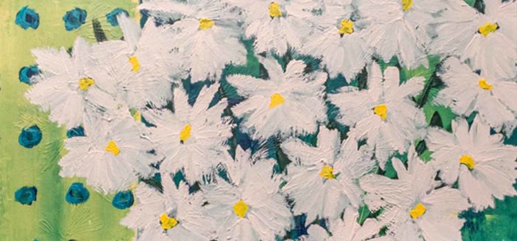 A painting of a bunch of white flowers with yellow centers on a green background with blue polka dots