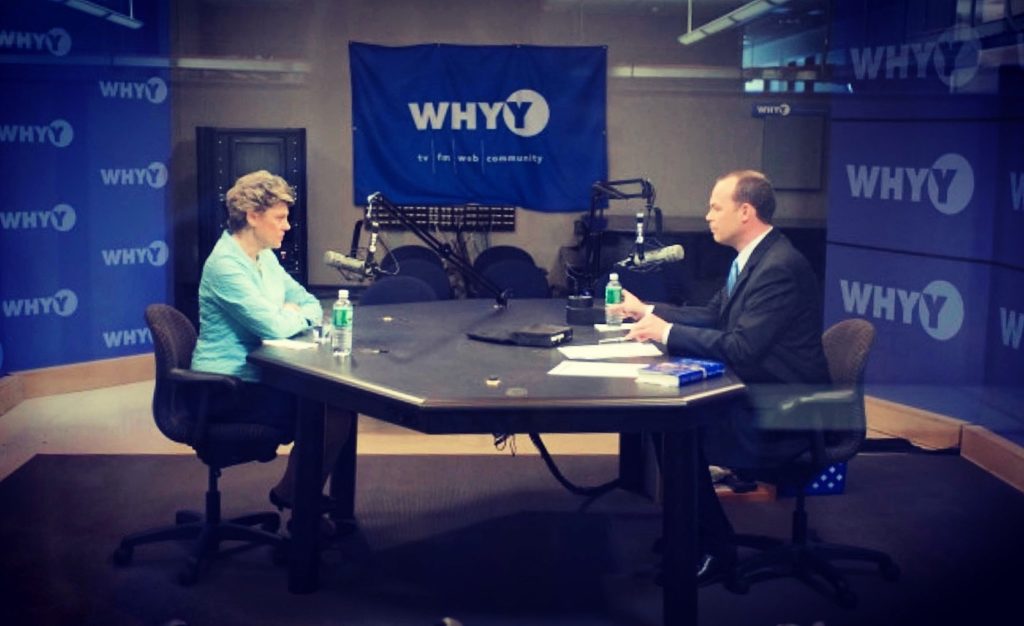 A picture of Rob Stewart (right) interviewing Cokie Roberts (left) in the WHYY studio