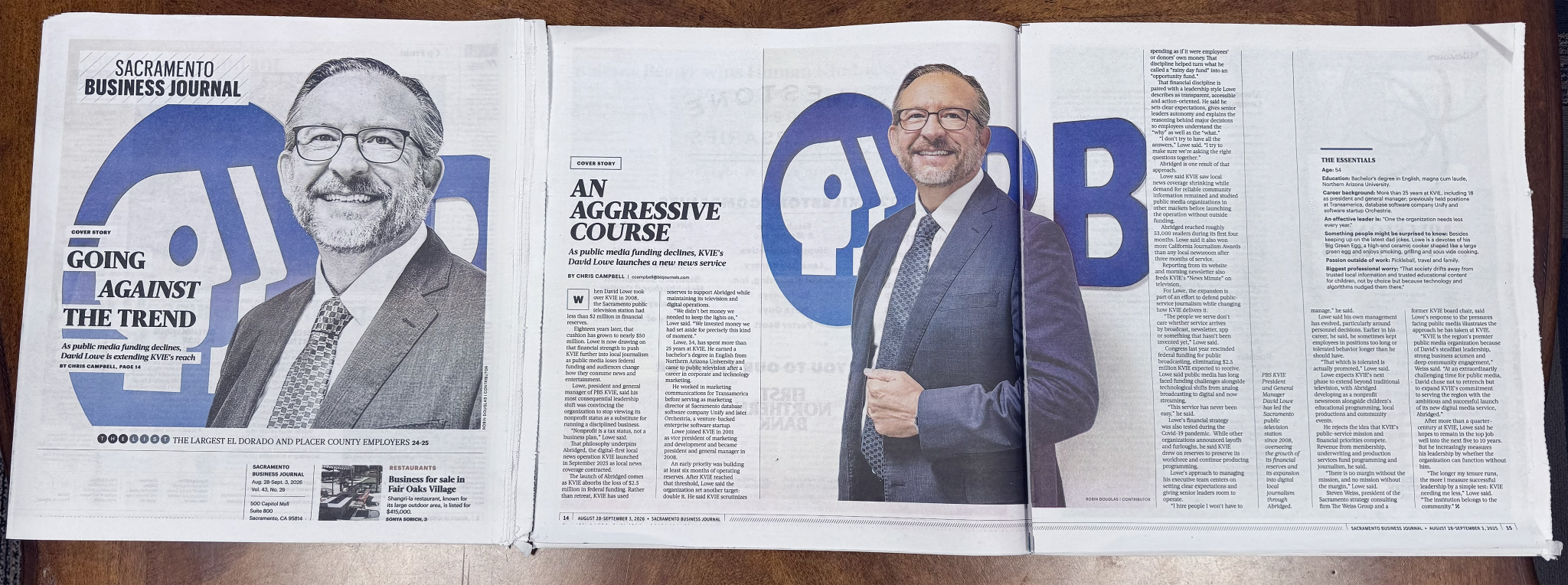 Photo of David Lowe on the cover and inside story of the Sacramento Business Journal